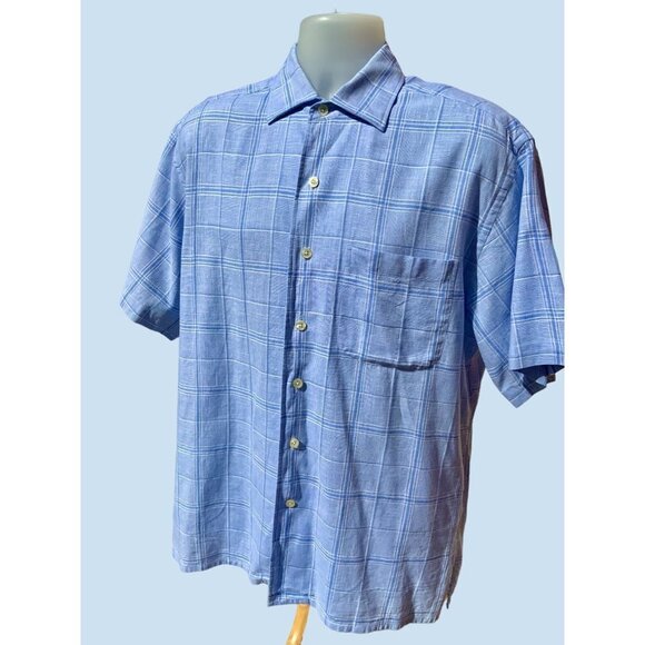 GRAYSON READE MENS SHORT SLEEVE BLUE PLAID LINEN BLEND BUTTON DOWN SHIRT MEDIUM - Picture 10 of 10
